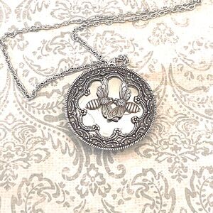 Kissing Bee Locket Necklace Mama Bumble Silver Vintage Antique Pendant wings